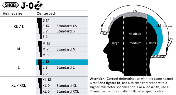 Shoei Head Pad L13 – head pad size chart