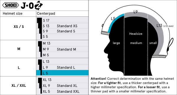 Shoei Head Pad L5 – head pad size chart