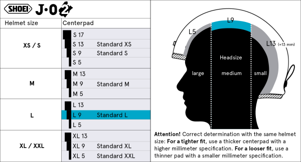 Shoei Head Pad L9 – head pad size chart