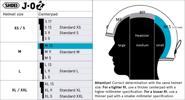 Shoei Head Pad M13 – head pad size chart