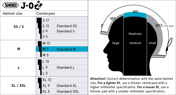 Shoei Head Pad M9 – head pad size chart