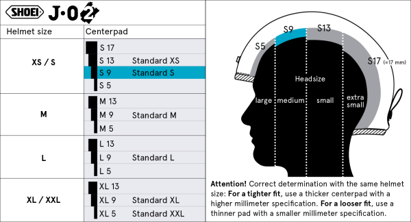 Shoei Head Pad S9 – head pad size chart