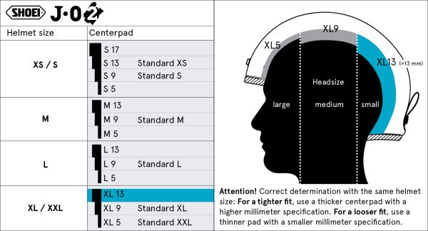 Shoei Head Pad XL13 – head pad size chart