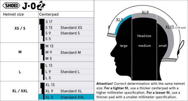 Shoei Head Pad XL5 – head pad size chart