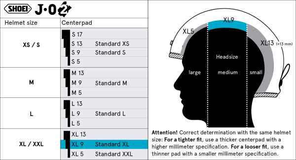 Shoei Head Pad XL9 – head pad size chart
