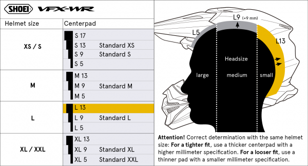 Shoei Head Pad L13 Type-M – size chart