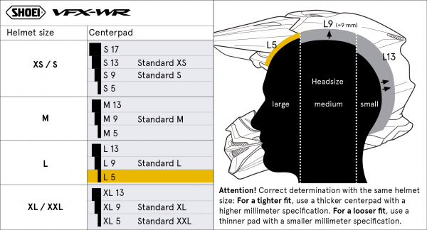 Shoei Head Pad L5 Type-M – size chart