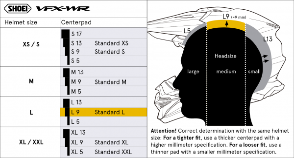 Shoei Head Pad L9 Type-M – size chart