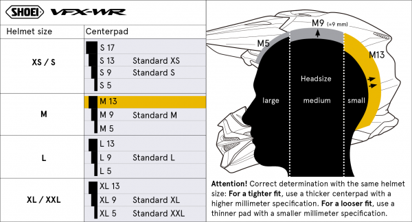 Shoei Head Pad M13 Type-M – size chart