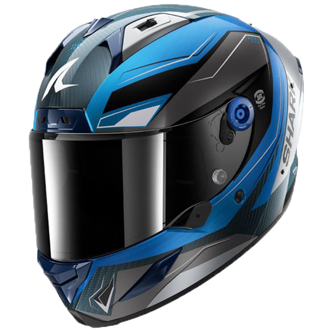 Shark Aeron full-face helmet in Mekarium DBS silver and blue carbon graphic