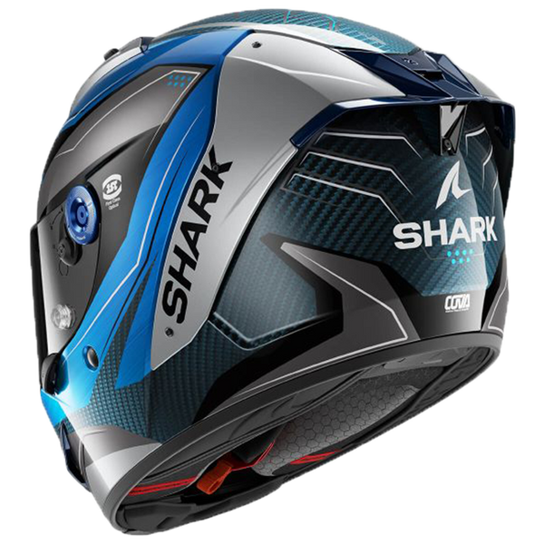 Shark Aeron full-face helmet in Mekarium DBS silver and blue carbon graphic