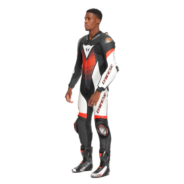 Dainese Laguna Seca 6 one-piece leather race suit in White/Red, men's perforated version