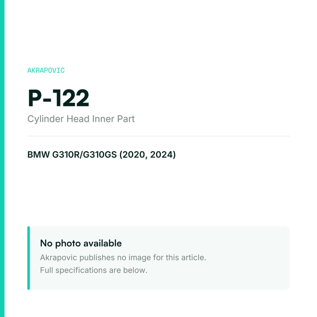 Akrapovic Cylinder Head Inner Part P-122 — placeholder, no manufacturer photo available