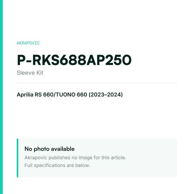 Akrapovic Sleeve Kit P-RKS688AP250 — placeholder, no manufacturer photo available