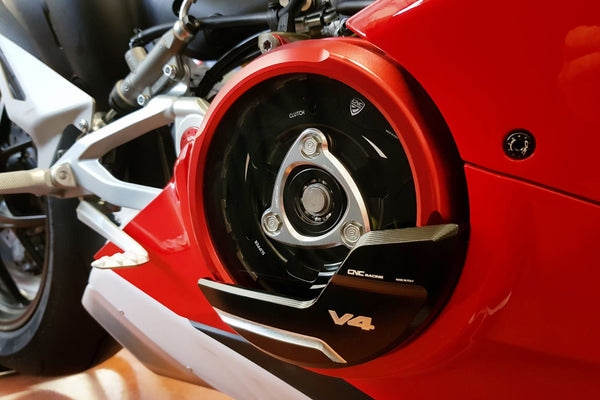 CNC Racing PR310 aluminium clutch protector cover for Ducati Panigale V4/S 2025-2026, black and silver