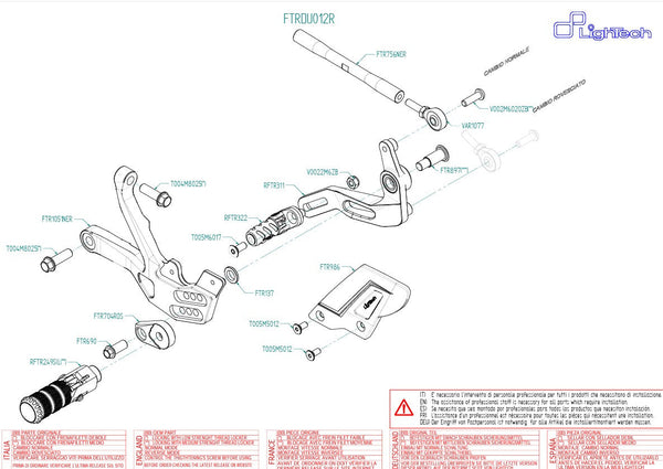 LighTech FTRDU012R R-series rearsets for Ducati Panigale V4 — red carriers, silver folding footpegs, carbon heel guards