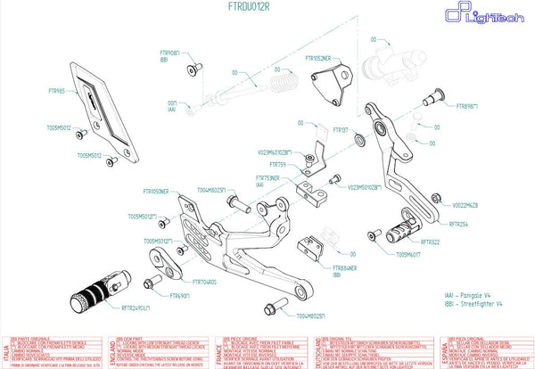 LighTech FTRDU012R R-series rearsets for Ducati Panigale V4 — red carriers, silver folding footpegs, carbon heel guards