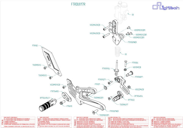 LighTech FTRDU017R R-series rearset with red brackets and carbon heel guards for Ducati Panigale V4 2025-2026