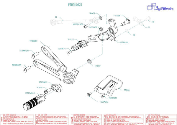 LighTech FTRDU017R R-series rearset with red brackets and carbon heel guards for Ducati Panigale V4 2025-2026