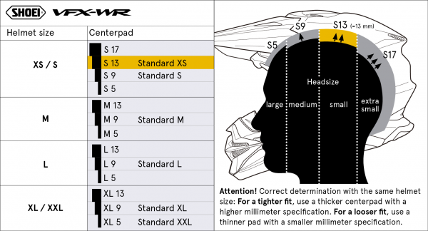 Shoei Head Pad S13 Type-M – size chart