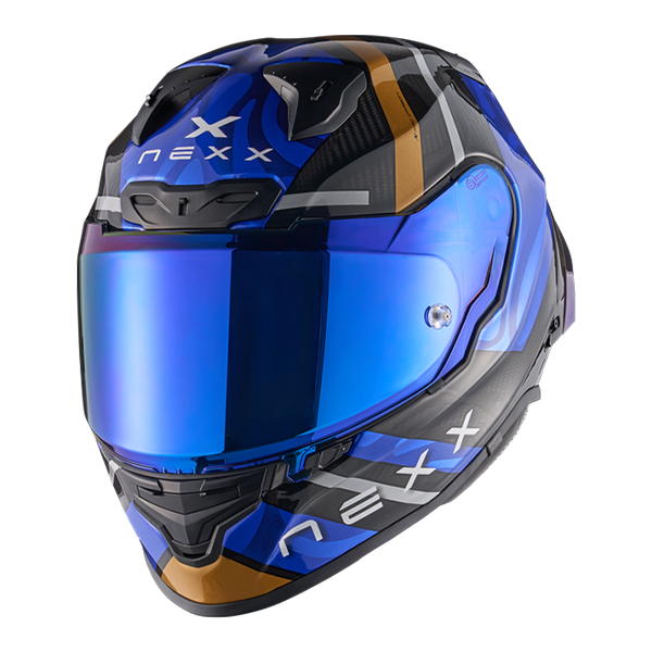 Nexx X.R3R full-face racing helmet in Swirl Carbon Deep Blue Gold finish