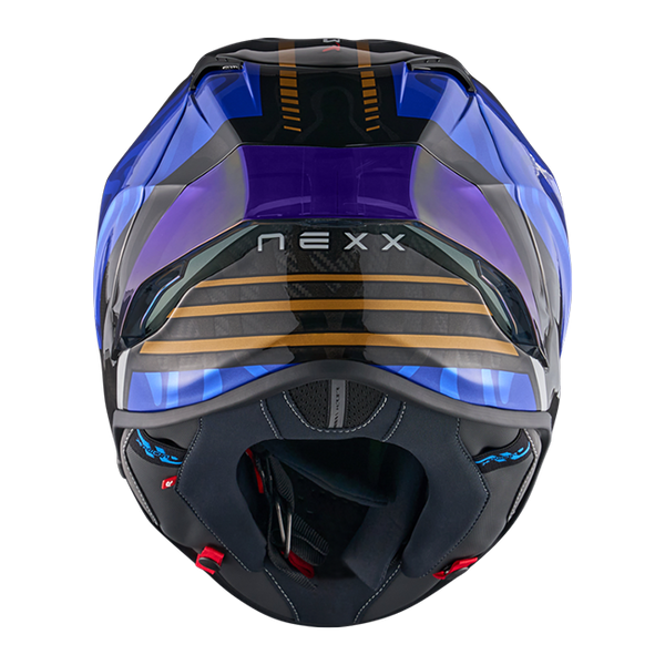 Nexx X.R3R full-face racing helmet in Swirl Carbon Deep Blue Gold finish