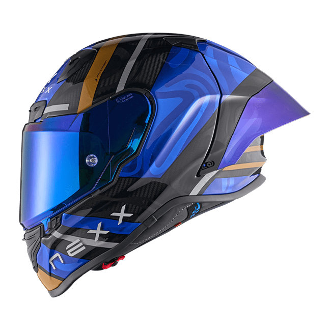 Nexx X.R3R full-face racing helmet in Swirl Carbon Deep Blue Gold finish