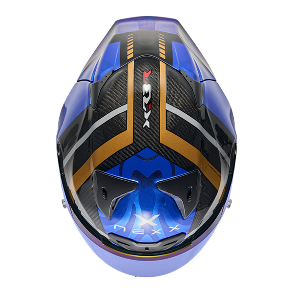 Nexx X.R3R full-face racing helmet in Swirl Carbon Deep Blue Gold finish