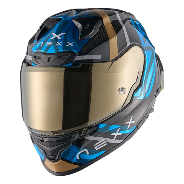 Nexx X.R3R Swirl Carbon Sky Blue Gold full-face racing helmet