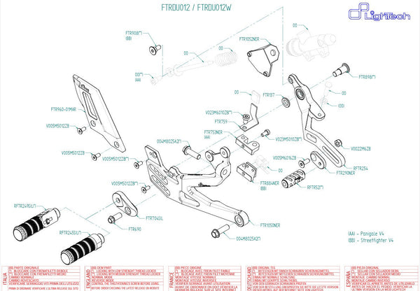 LighTech FTRDU012/W rearset kit in silver for Ducati Panigale V4/S/R