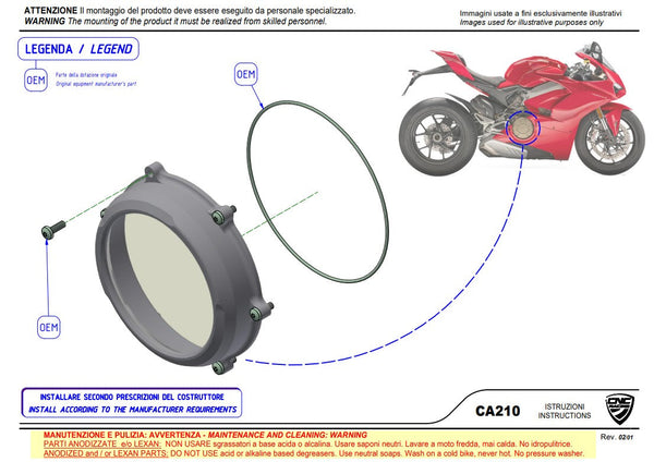CNC Racing CA210S transparent clutch cover for Ducati Panigale V4/S 2025-2026, anodised finish with Lexan window