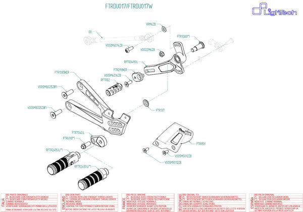 LighTech rearset kit FTRDU017/W in silver for Ducati Panigale V4/S/R 2025-2026