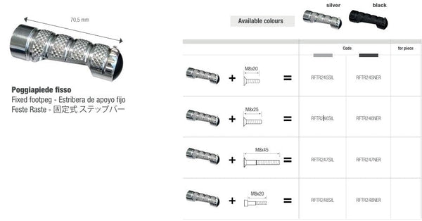 LighTech fixed aluminium footpeg 70.5 mm in silver and black anodised finish RFTR245