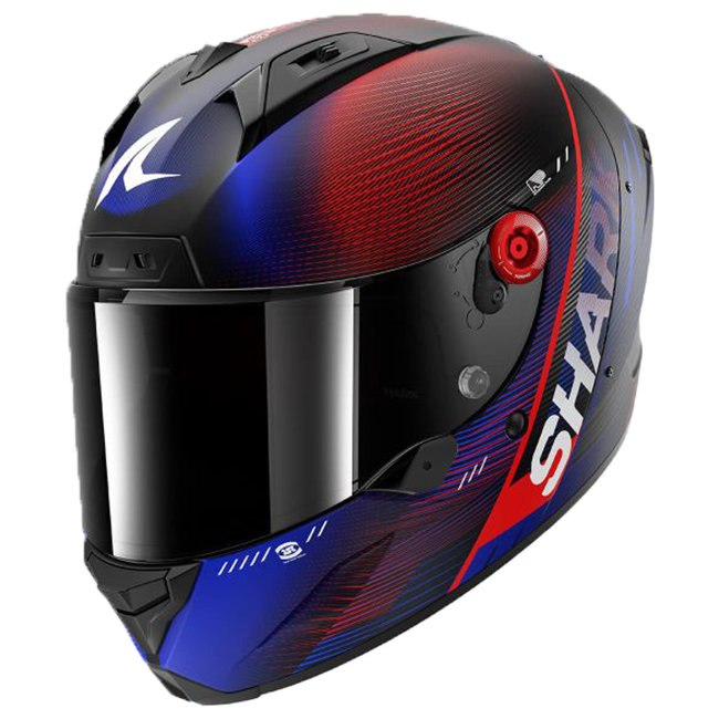 Shark Aeron Speed-Tech DBR helmet in matte red and blue carbon aramid fibre