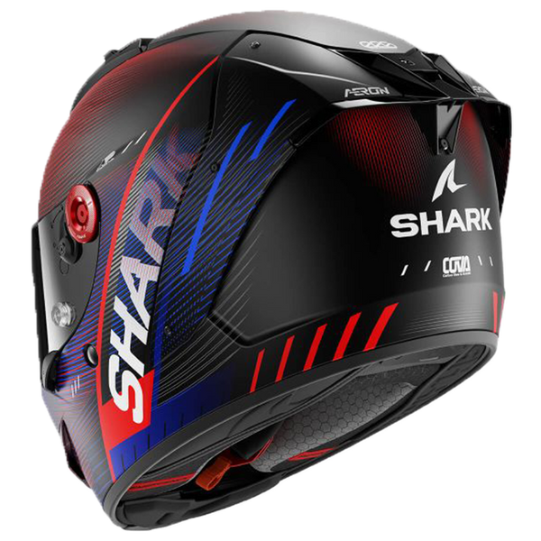 Shark Aeron Speed-Tech DBR helmet in matte red and blue carbon aramid fibre