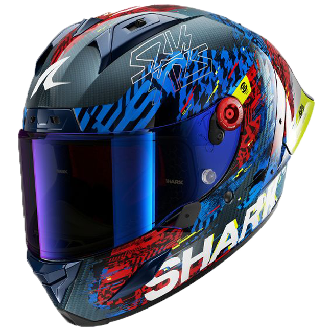 Shark Aeron GP FIM 2 full-face race helmet in Speed-Vib DBR red and blue colourway