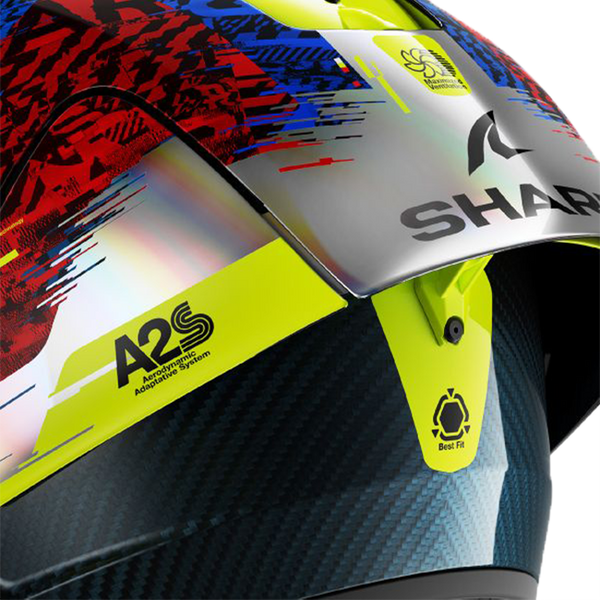 Shark Aeron GP FIM 2 full-face race helmet in Speed-Vib DBR red and blue colourway