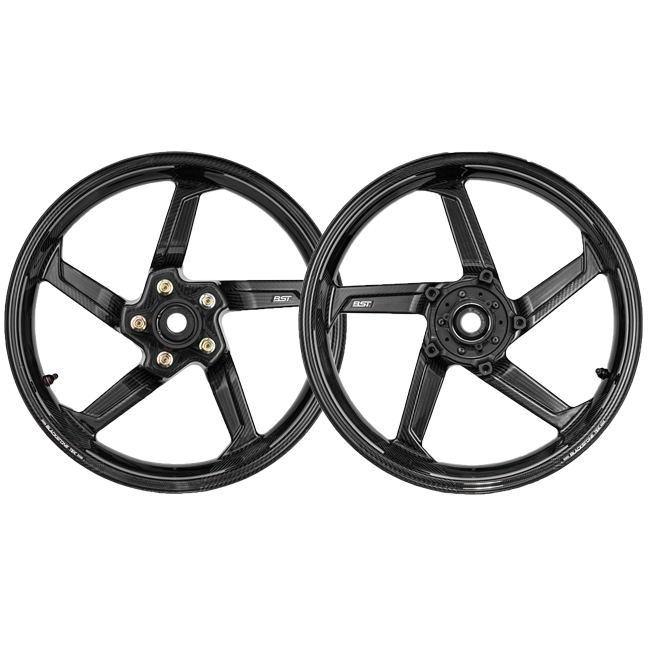 BST STAR TEK carbon wheel set for BMW S1000RR K67 2019–2026 in gloss carbon finish