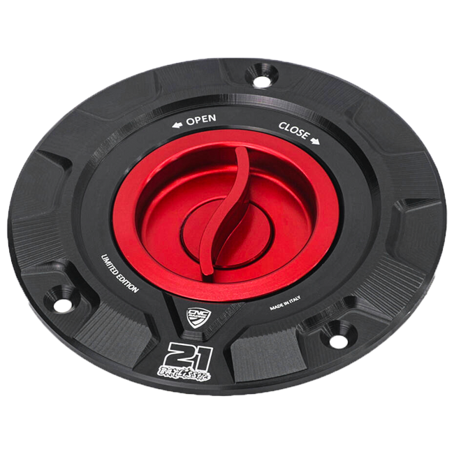CNC Racing TS423TB Troy Bayliss Limited Edition quick-release fuel cap for Ducati Panigale V4/S in black and red anodised aluminium