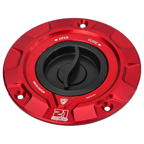 CNC Racing TS423TB Troy Bayliss Limited Edition quick-release fuel cap for Ducati Panigale V4/S in black and red anodised aluminium