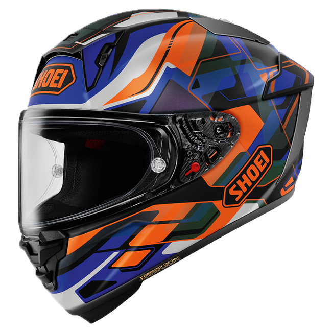 Shoei X-SPR PRO full-face helmet in Valion TC-8 matte orange and blue
