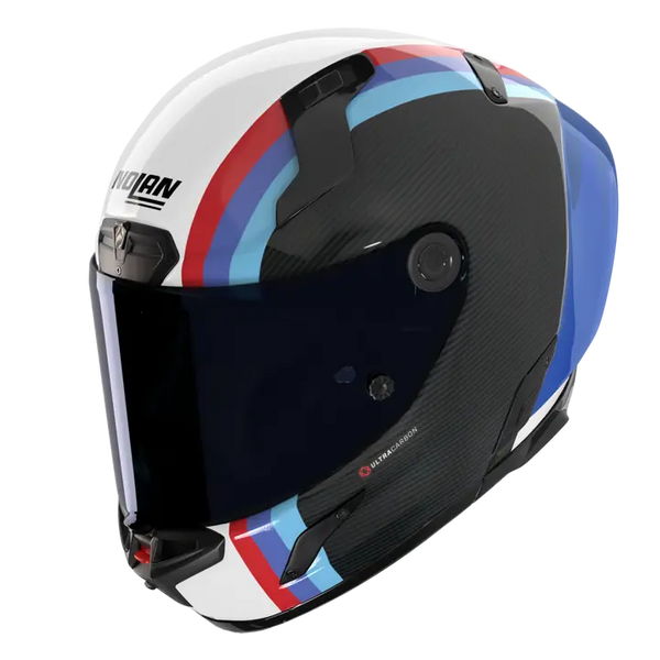 Nolan X-804 RS Ultra Carbon helmet in Gemini White Blue Red 365 graphic