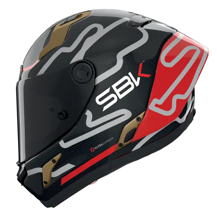Nolan X-804 RS Ultra Carbon full-face helmet in SBK 360 carbon, red and white livery