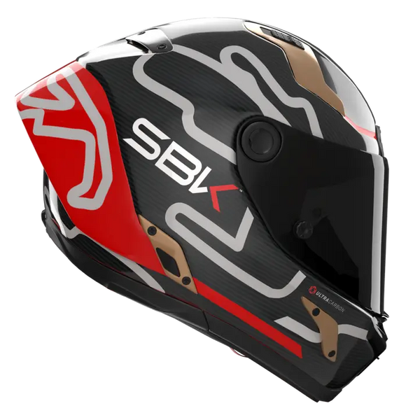 Nolan X-804 RS Ultra Carbon full-face helmet in SBK 360 carbon, red and white livery