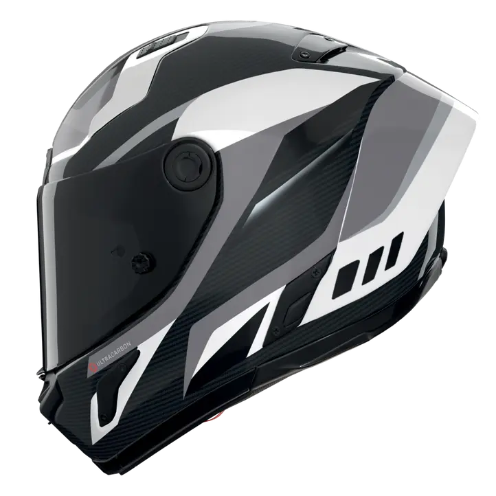Nolan X-804 RS Ultra Carbon full-face helmet in Lesmo white, black and grey colourway