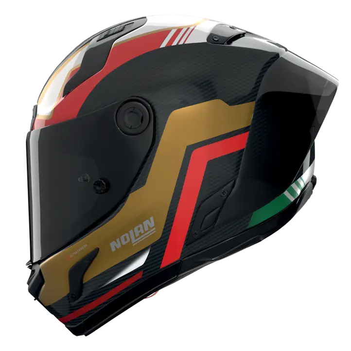 Nolan X-804 RS Ultra Carbon helmet in Piega Gold/Red/Green 367 graphic