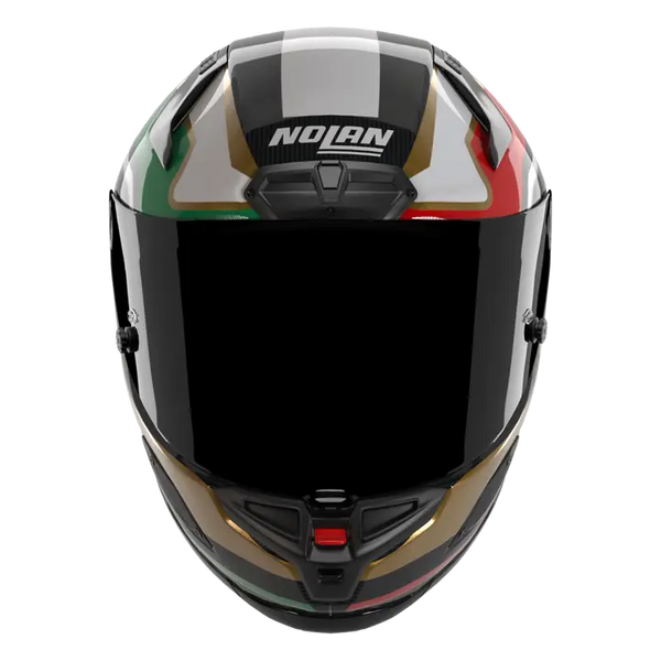 Nolan X-804 RS Ultra Carbon helmet in Piega Gold/Red/Green 367 graphic