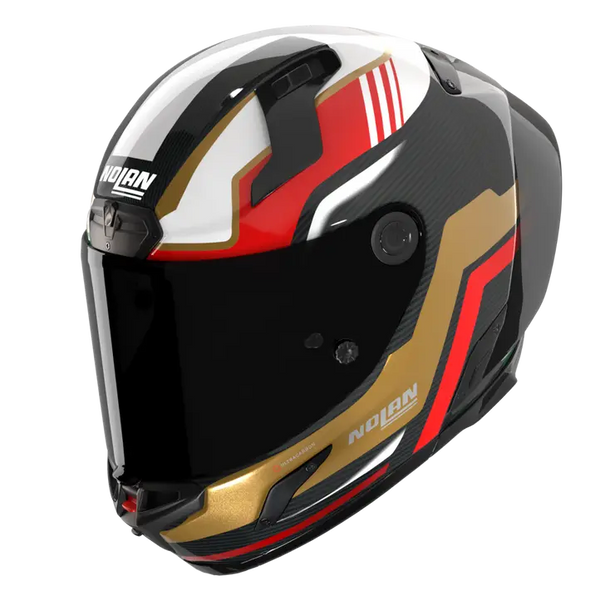 Nolan X-804 RS Ultra Carbon helmet in Piega Gold/Red/Green 367 graphic