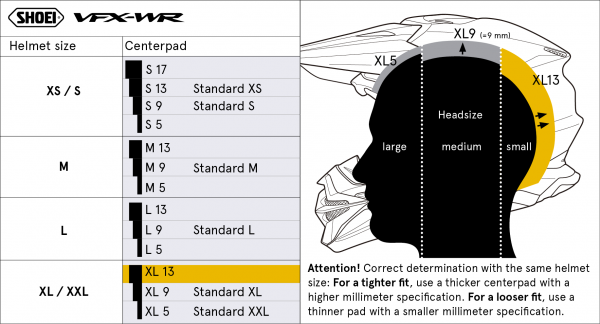 Shoei Head Pad XL13 Type-M – size chart