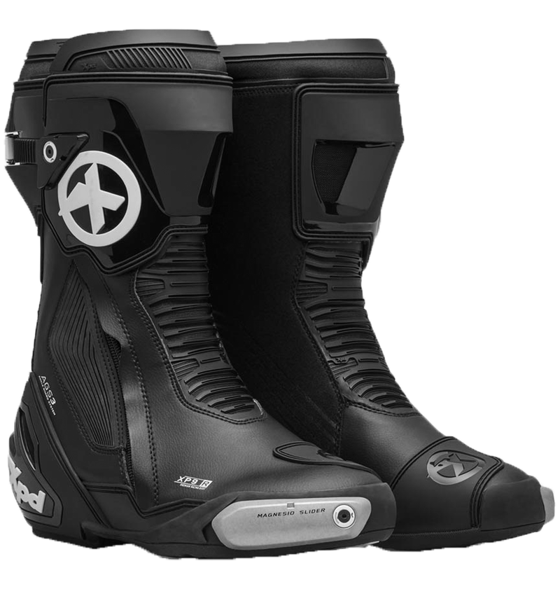 XPD XP9-R men's motorcycle boots in black, side view showing AGS3 ankle guard and racing sole